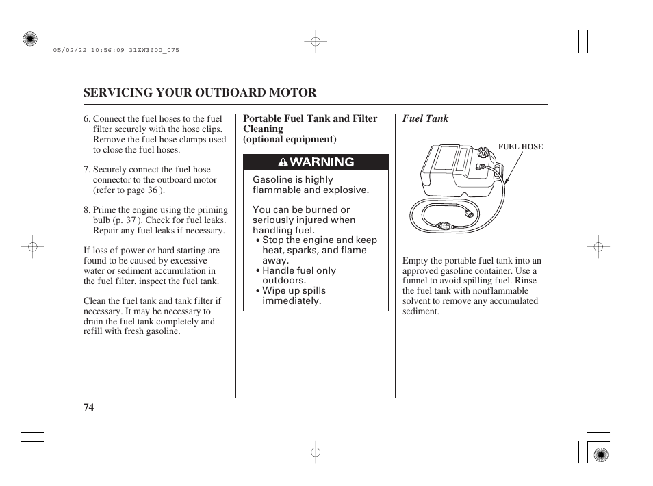 Portable fuel tank and filter cleaning (optional) | HONDA Outdoor Motor BF50A User Manual | Page 76 / 126