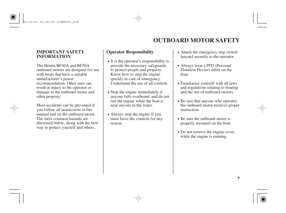 Outboard motor safety, Important safety information | HONDA Outdoor Motor BF50A User Manual | Page 9 / 126