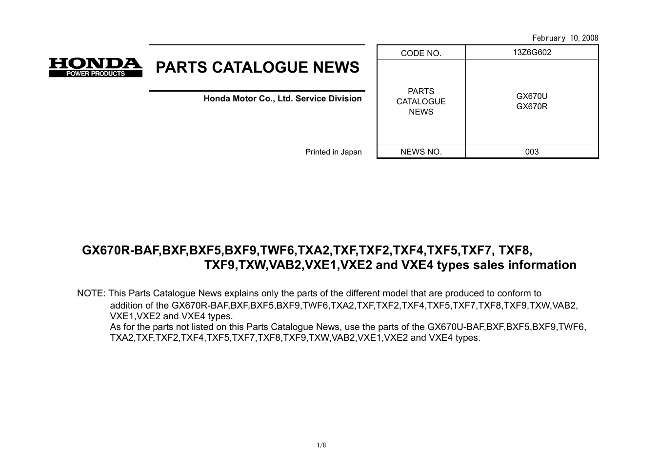 Parts catalogue news | HONDA GX670R User Manual | Page 79 / 97