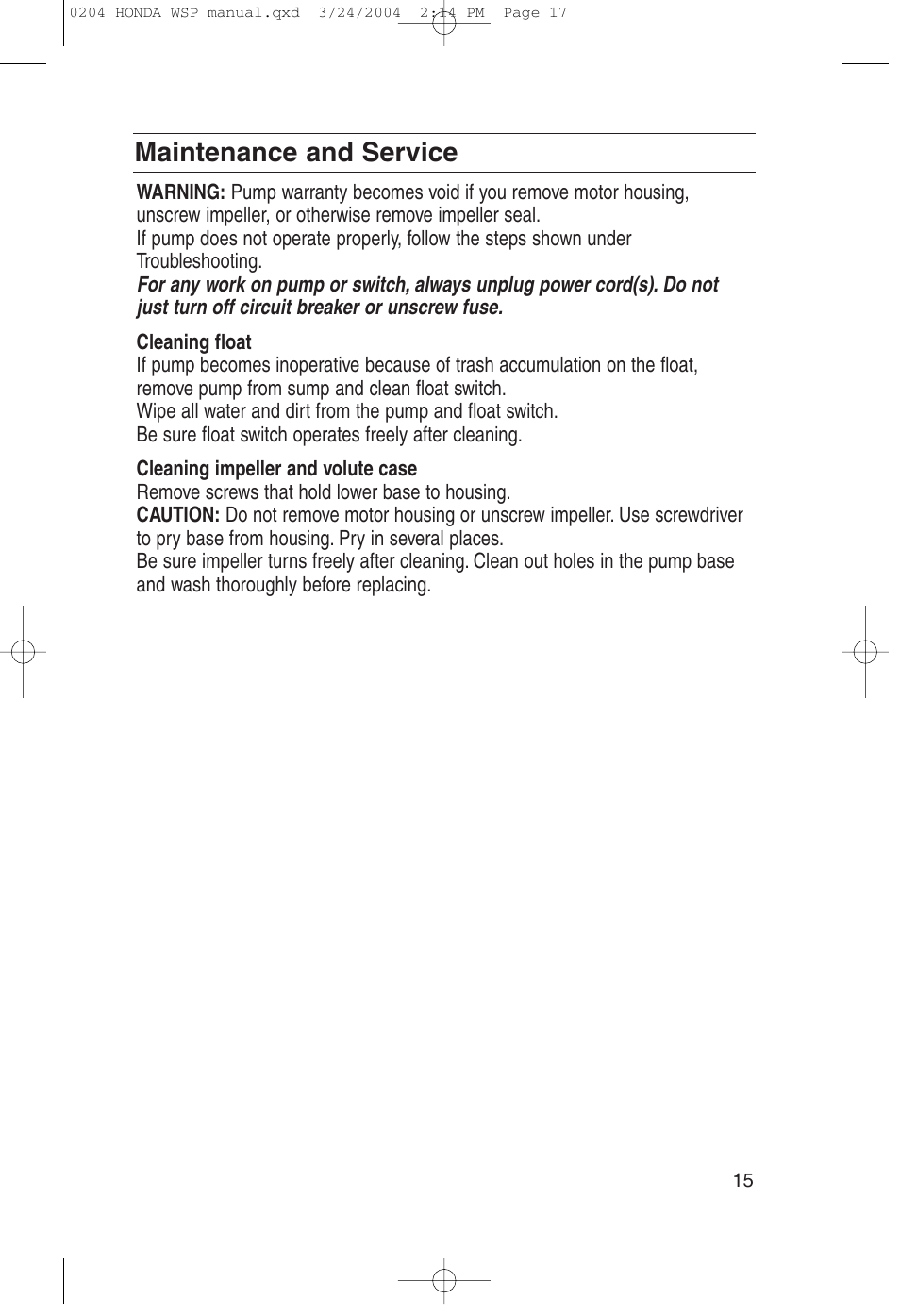 Maintenance and service | HONDA WSP33AA User Manual | Page 17 / 23