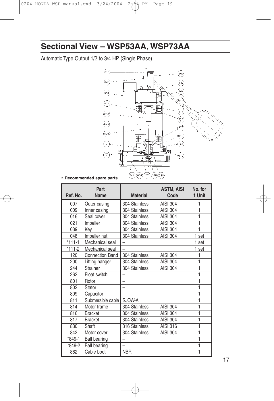 Sectional view - wsp53aa, wsp73aa | HONDA WSP33AA User Manual | Page 19 / 23