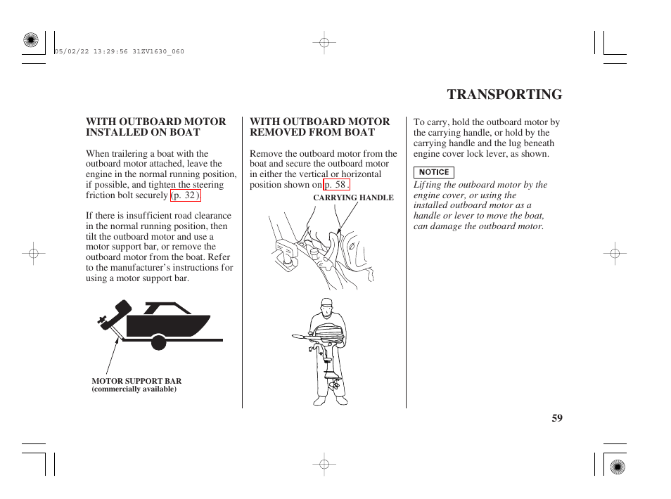 Transporting, With outboard motor installed on boat, With outboard motor removed from boat | HONDA Outboard Motor BF5A User Manual | Page 61 / 93