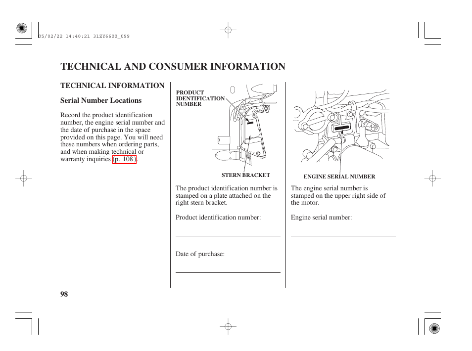 Technical and consumer information, Technical information, Serial number locations | Technical and consumer information . 98 | HONDA Outboard Motor BF150A User Manual | Page 100 / 129