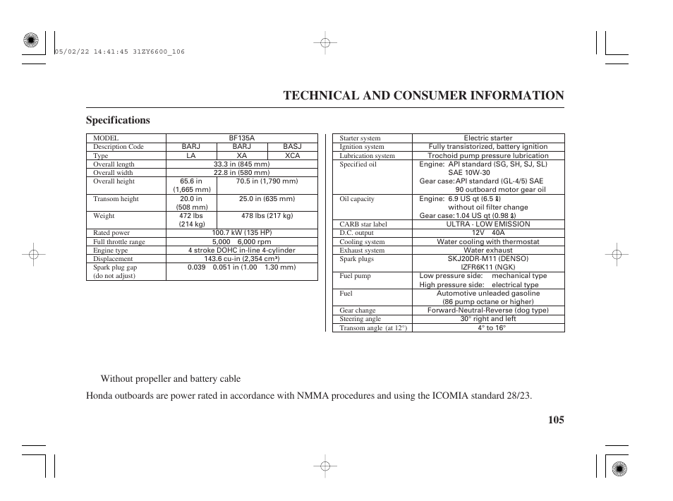 Specifications, Technical and consumer information, 105 specifications | HONDA Outboard Motor BF150A User Manual | Page 107 / 129
