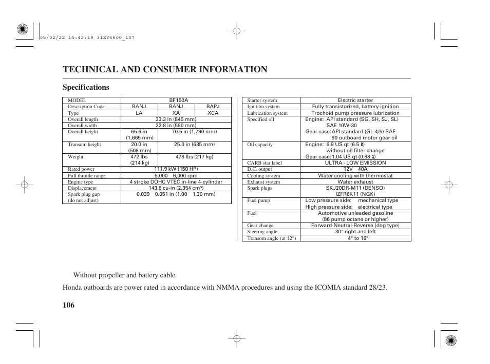 Technical and consumer information, 106 specifications | HONDA Outboard Motor BF150A User Manual | Page 108 / 129