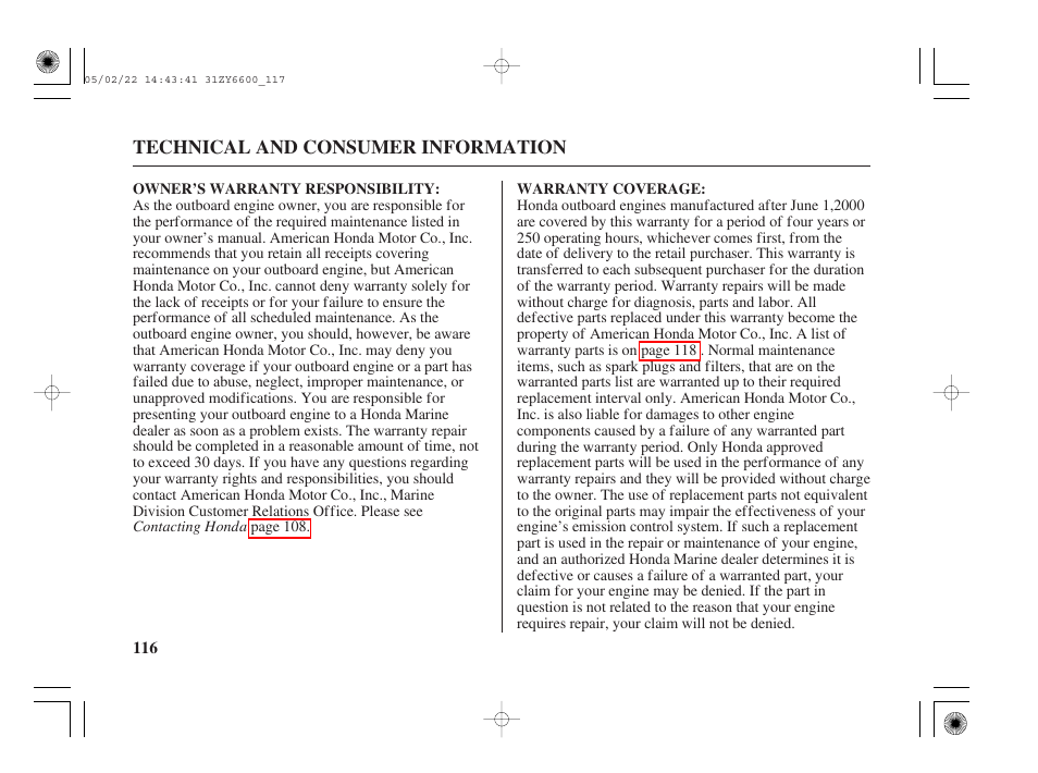HONDA Outboard Motor BF150A User Manual | Page 118 / 129
