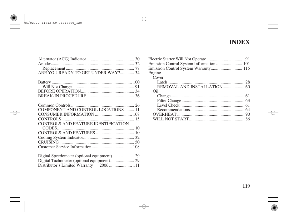 Index | HONDA Outboard Motor BF150A User Manual | Page 121 / 129