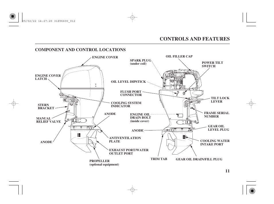 Component and control locations, Controls and features, 11 component and control locations | HONDA Outboard Motor BF150A User Manual | Page 13 / 129