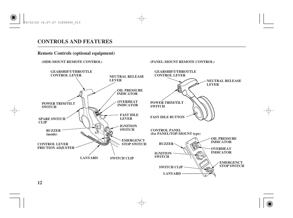 Controls and features, 12 remote controls (optional equipment) | HONDA Outboard Motor BF150A User Manual | Page 14 / 129