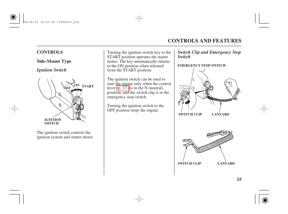 Controls, Side-mount type, Ignition switch | Switch clip and emergency stop switch, Controls and features | HONDA Outboard Motor BF150A User Manual | Page 17 / 129