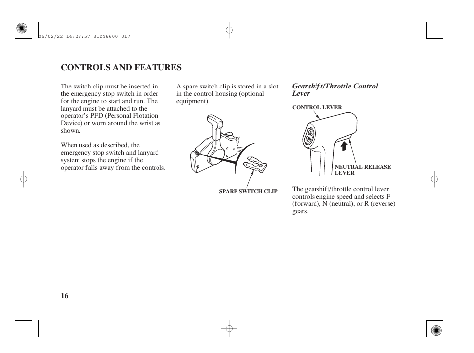 Gearshift/throttle control lever, Controls and features | HONDA Outboard Motor BF150A User Manual | Page 18 / 129