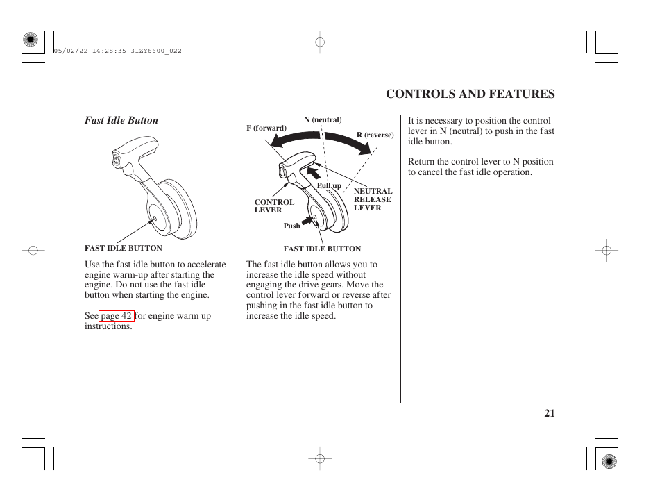 Fast idle button, Controls and features | HONDA Outboard Motor BF150A User Manual | Page 23 / 129