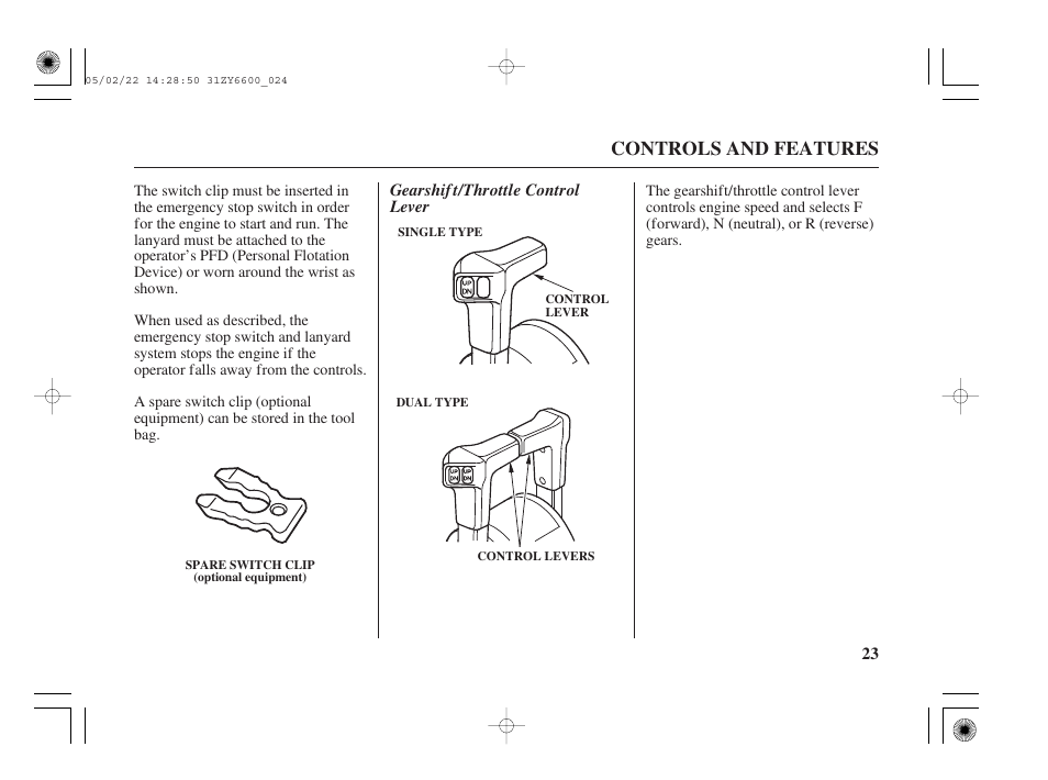 Gearshift/throttle control lever, Controls and features, Gearshif t/throttle control lever | HONDA Outboard Motor BF150A User Manual | Page 25 / 129