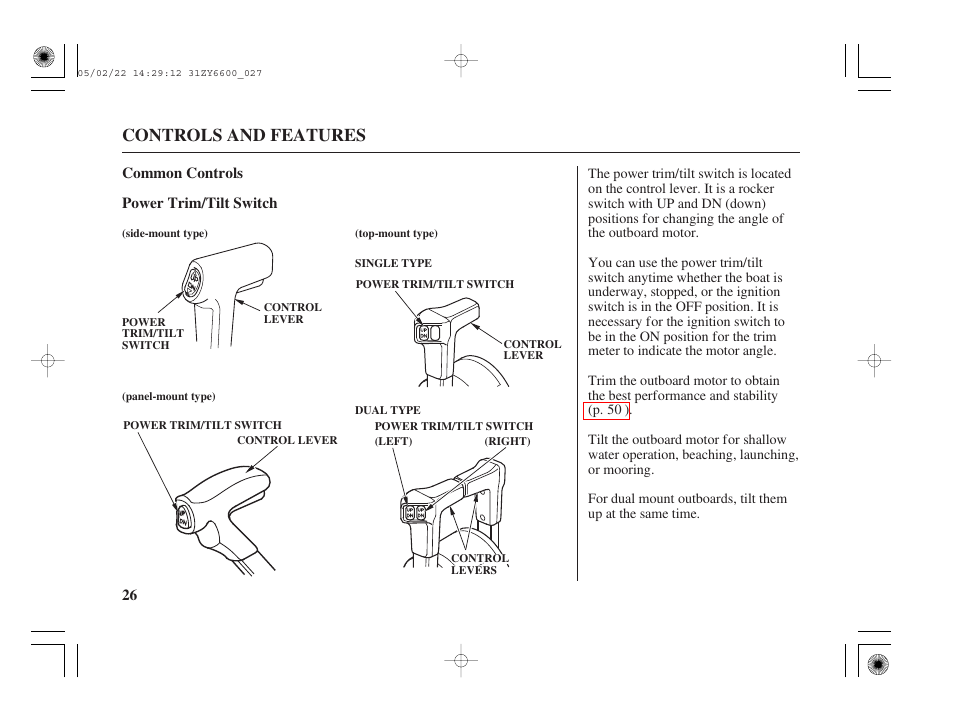 Common controls, Power trim/tilt switch, Controls and features | HONDA Outboard Motor BF150A User Manual | Page 28 / 129