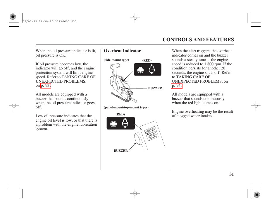Overheat indicator, Controls and features | HONDA Outboard Motor BF150A User Manual | Page 33 / 129