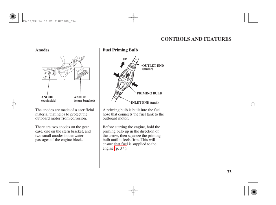 Anodes, Fuel priming bulb, Controls and features | HONDA Outboard Motor BF150A User Manual | Page 35 / 129