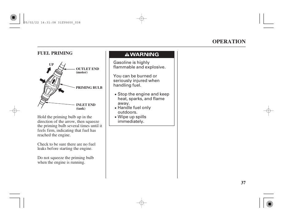 Fuel priming, Operation | HONDA Outboard Motor BF150A User Manual | Page 39 / 129