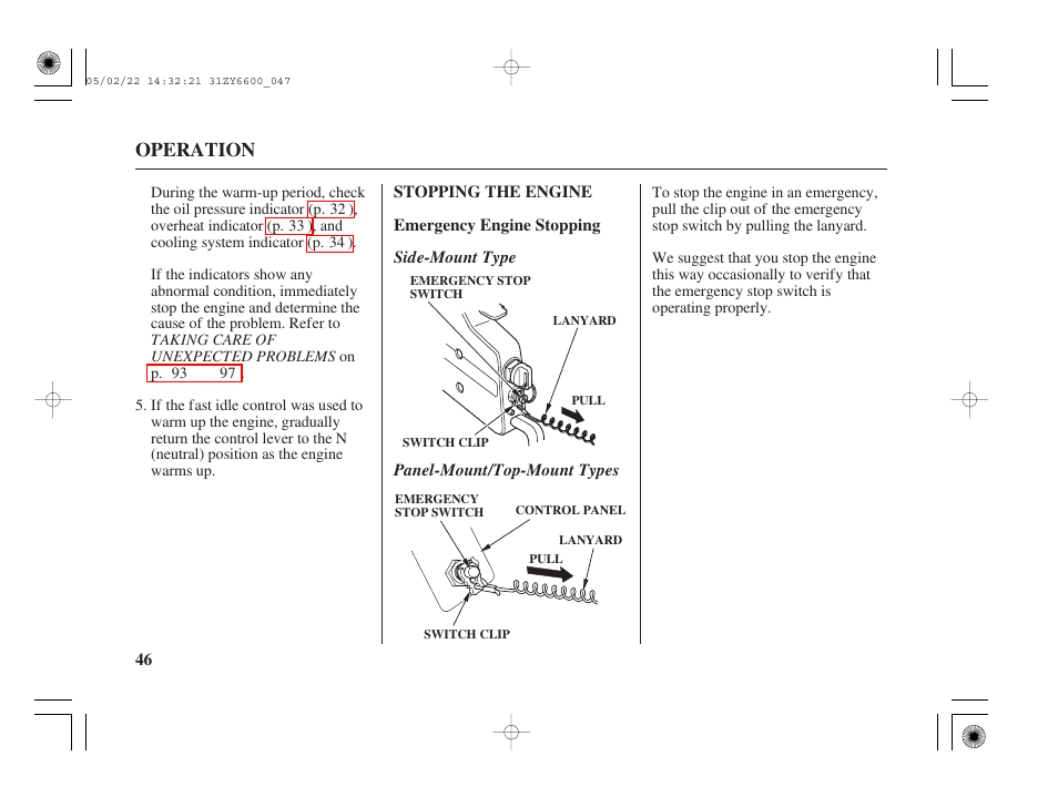 Stopping the engine, Operation | HONDA Outboard Motor BF150A User Manual | Page 48 / 129