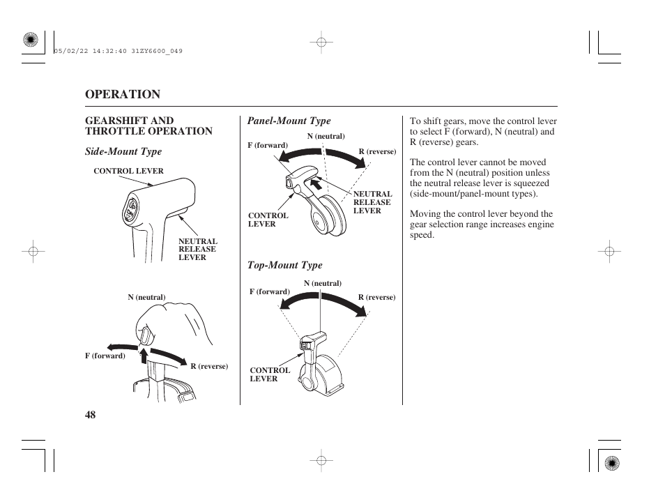 Gearshift and throttle operation, Operation | HONDA Outboard Motor BF150A User Manual | Page 50 / 129