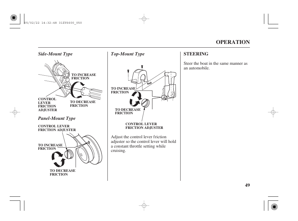 Steering, Operation | HONDA Outboard Motor BF150A User Manual | Page 51 / 129