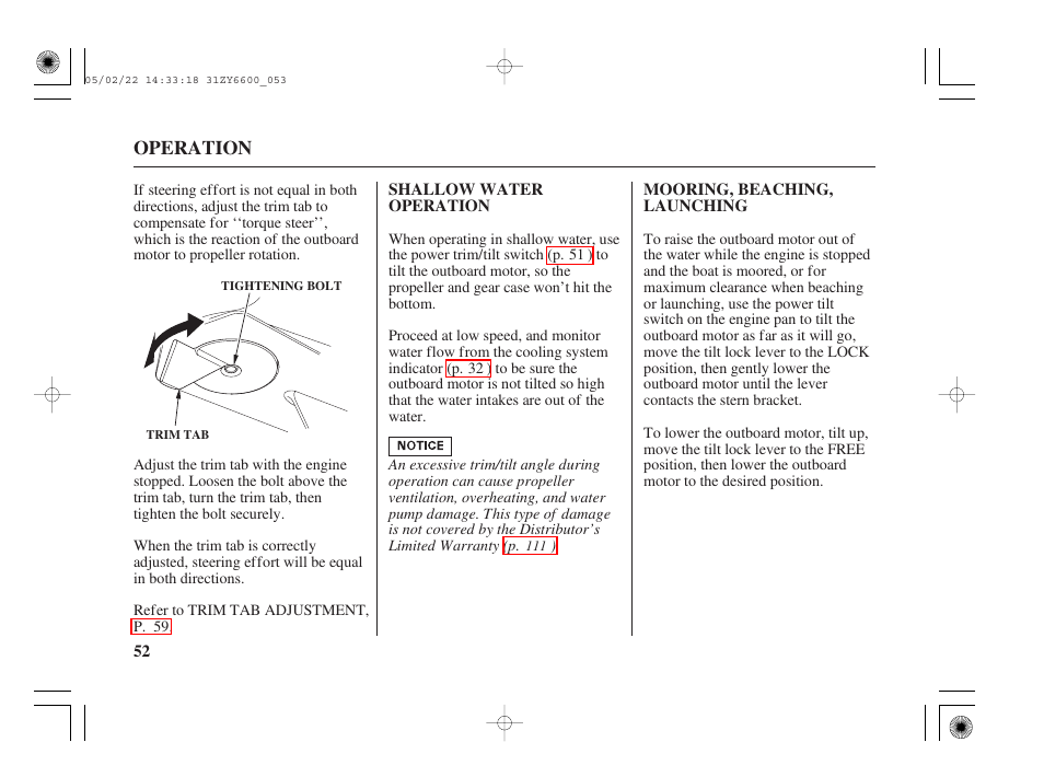 Shallow water operation, Mooring, beaching, launching | HONDA Outboard Motor BF150A User Manual | Page 54 / 129
