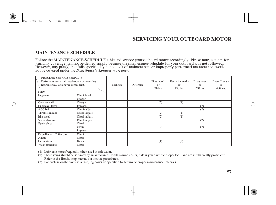 Maintenance schedule, Servicing your outboard motor, 57 maintenance schedule | HONDA Outboard Motor BF150A User Manual | Page 59 / 129