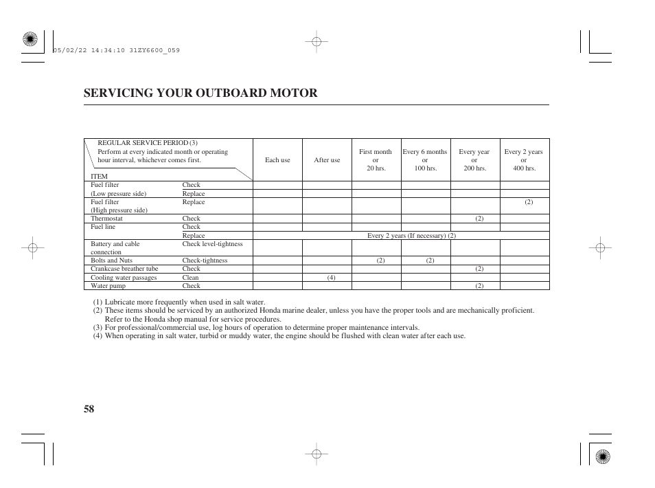 Servicing your outboard motor | HONDA Outboard Motor BF150A User Manual | Page 60 / 129