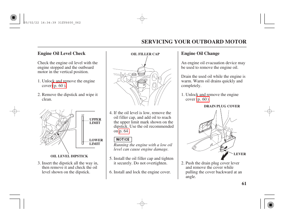 Engine oil level check, Engine oil change | HONDA Outboard Motor BF150A User Manual | Page 63 / 129