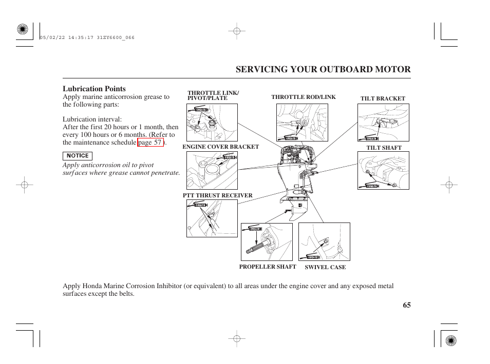 Lubrication points, Servicing your outboard motor | HONDA Outboard Motor BF150A User Manual | Page 67 / 129