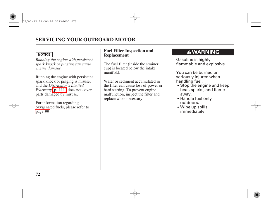 Fuel filter inspection and replacement | HONDA Outboard Motor BF150A User Manual | Page 74 / 129