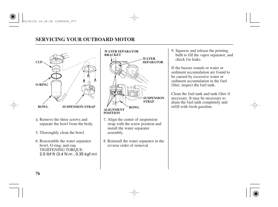 Servicing your outboard motor | HONDA Outboard Motor BF150A User Manual | Page 78 / 129