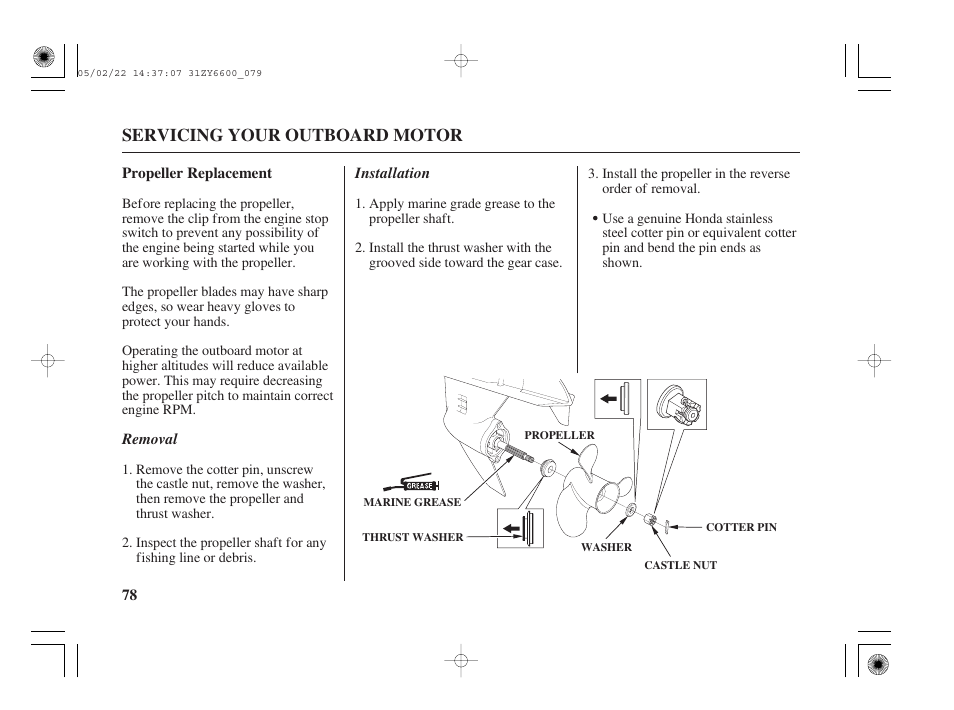 Propeller replacement, Servicing your outboard motor | HONDA Outboard Motor BF150A User Manual | Page 80 / 129
