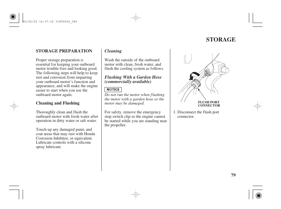 Storage, Cleaning and flushing | HONDA Outboard Motor BF150A User Manual | Page 81 / 129