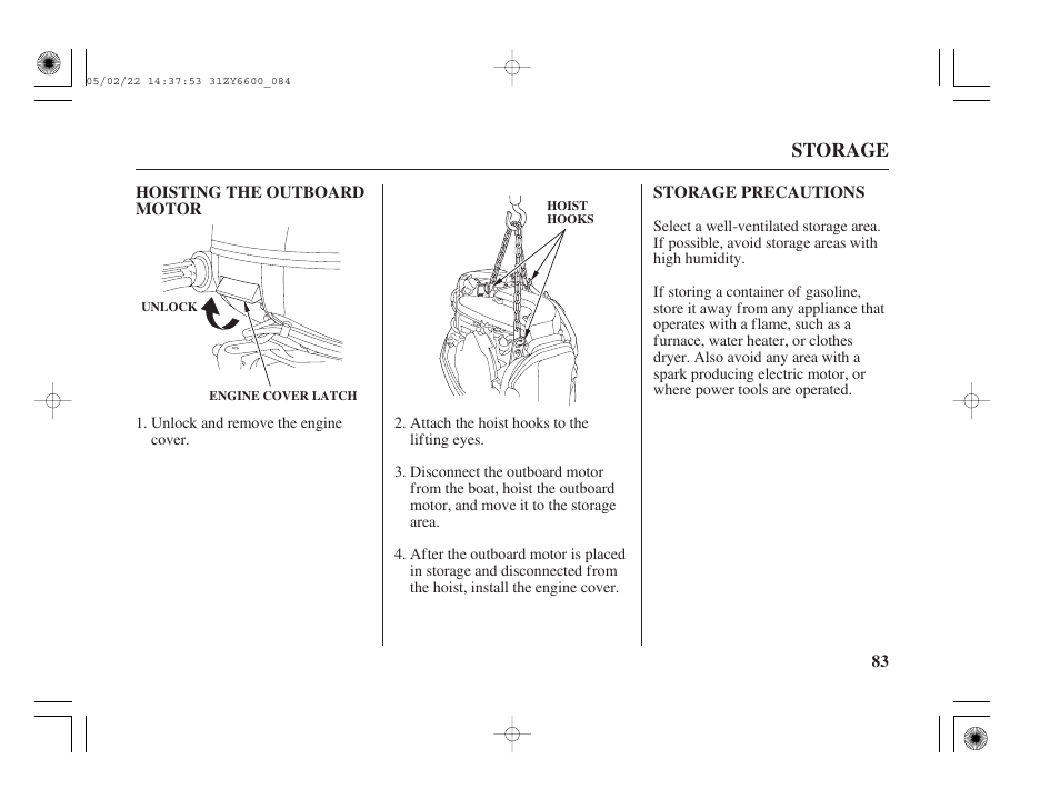 Hoisting the outboard motor, Storage precautions | HONDA Outboard Motor BF150A User Manual | Page 85 / 129