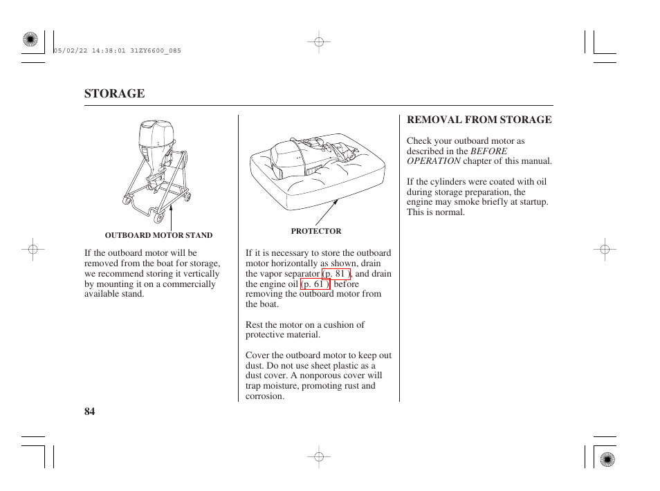 Removal from storage | HONDA Outboard Motor BF150A User Manual | Page 86 / 129
