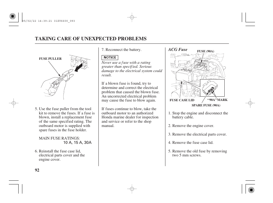 Taking care of unexpected problems | HONDA Outboard Motor BF150A User Manual | Page 94 / 129