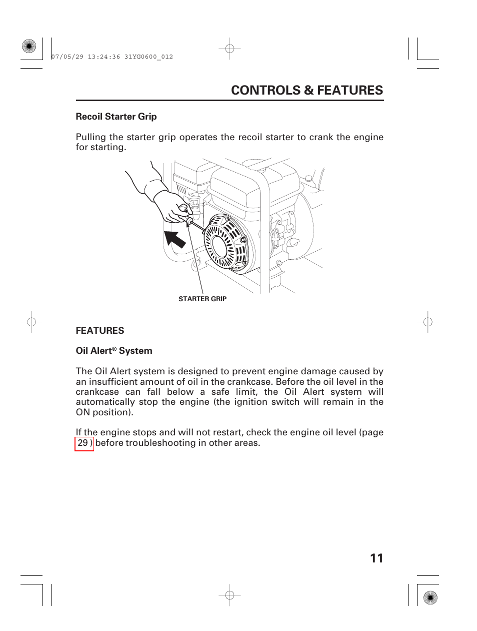 Recoil starter grip, Features, Oil alert system | 11 controls & features | HONDA WT20X User Manual | Page 13 / 64