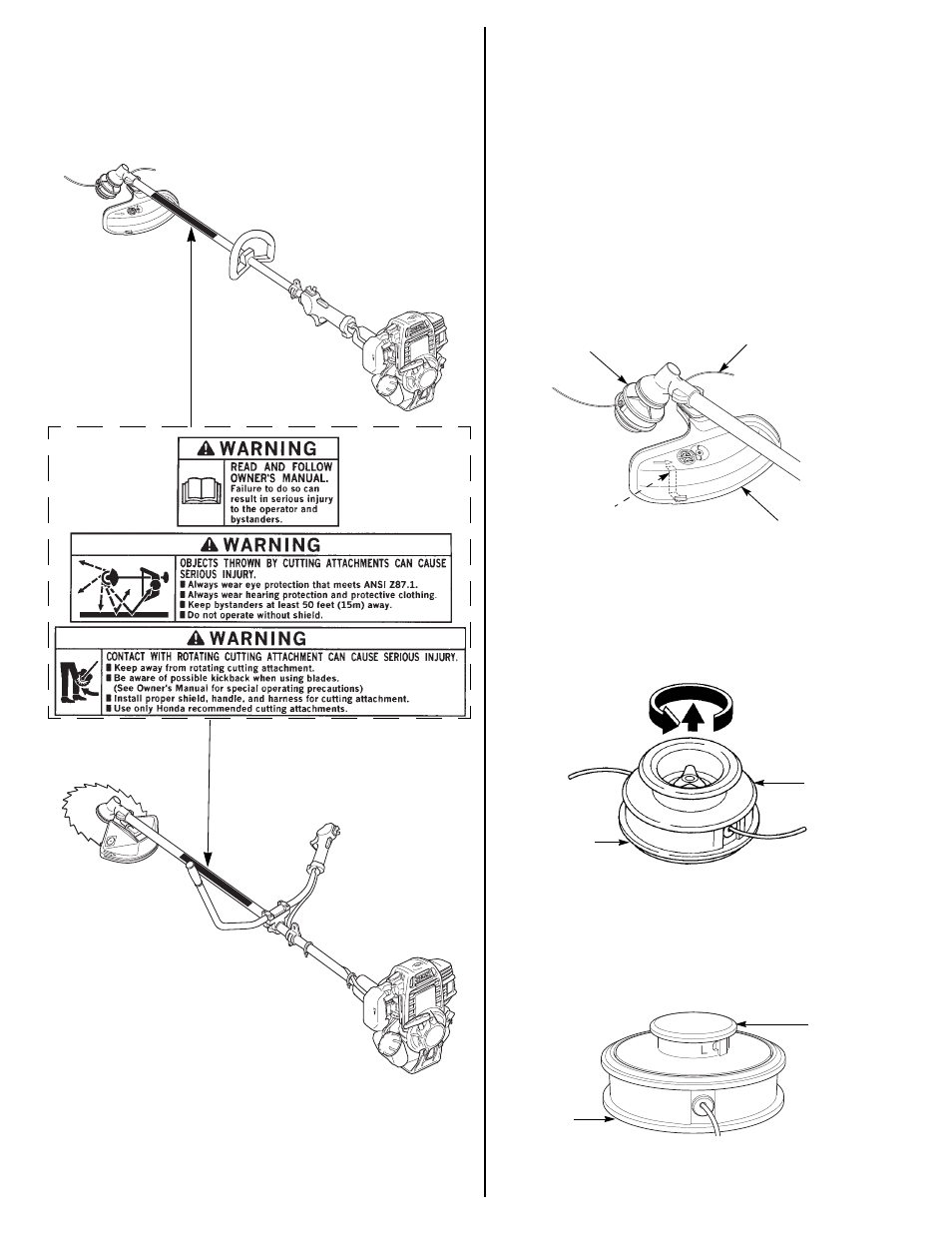 Safety label locations, Recommended cutting attachments, Cutting-line heads and shields | HONDA HHT35S User Manual | Page 3 / 32