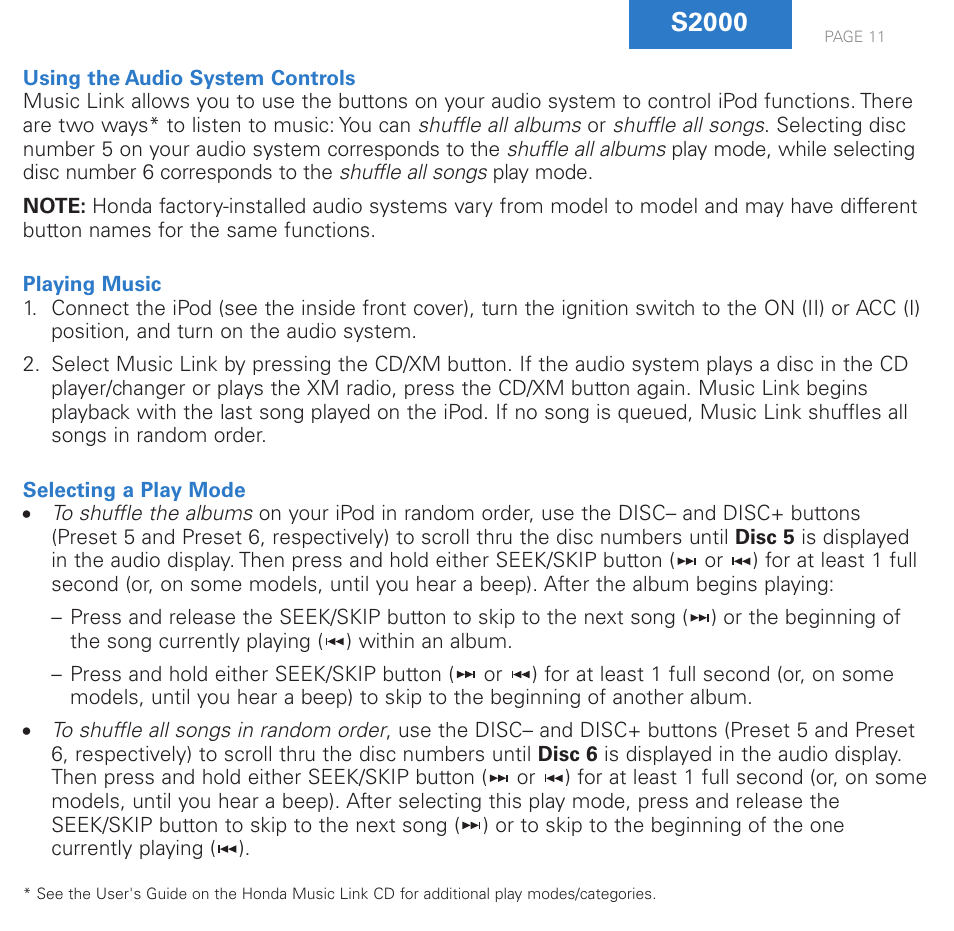 S2000 | HONDA Music Link User Manual | Page 11 / 12