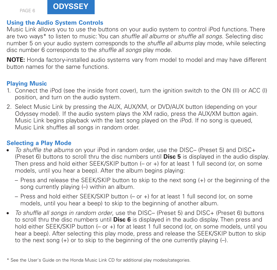 Odyssey | HONDA Music Link User Manual | Page 6 / 12