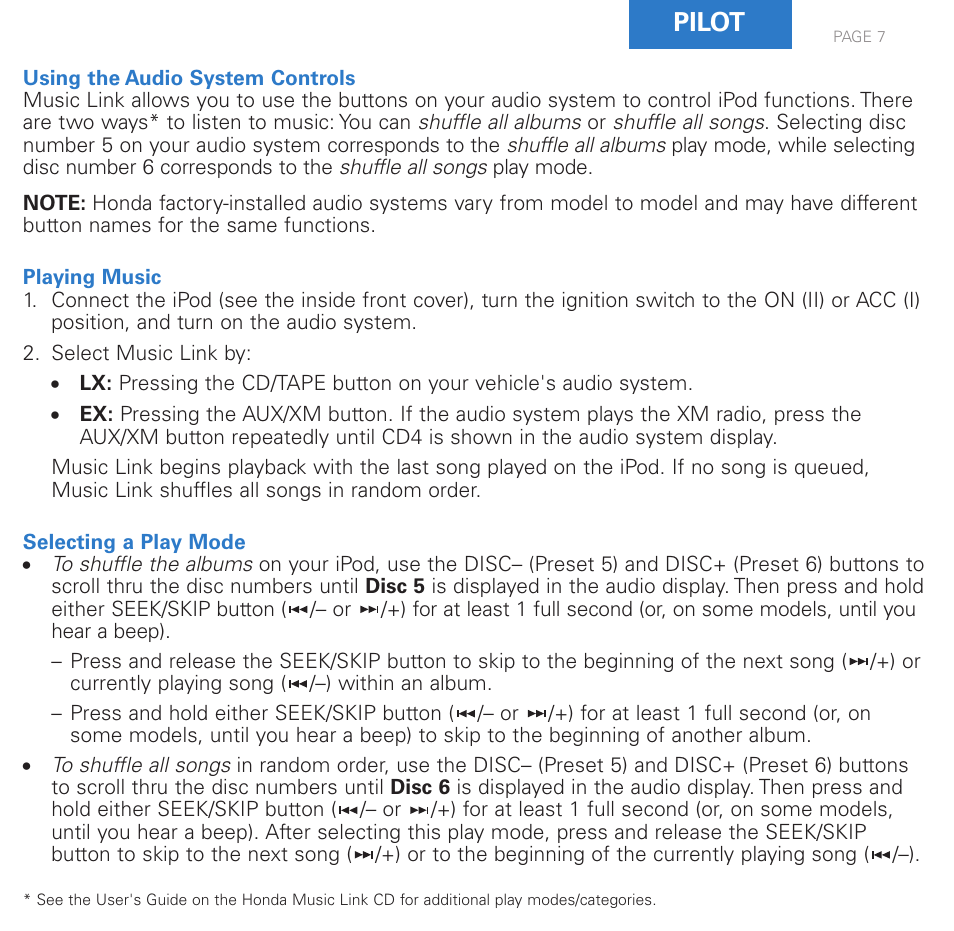 Pilot | HONDA Music Link User Manual | Page 7 / 12