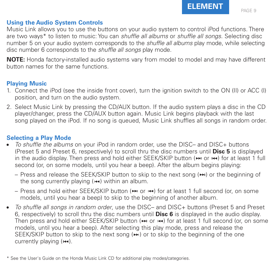Element | HONDA Music Link User Manual | Page 9 / 12