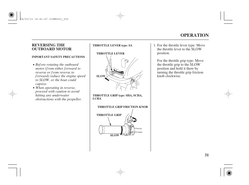 Reversing the outboard motor, Operation | HONDA Outboard Motor BF2D User Manual | Page 33 / 83