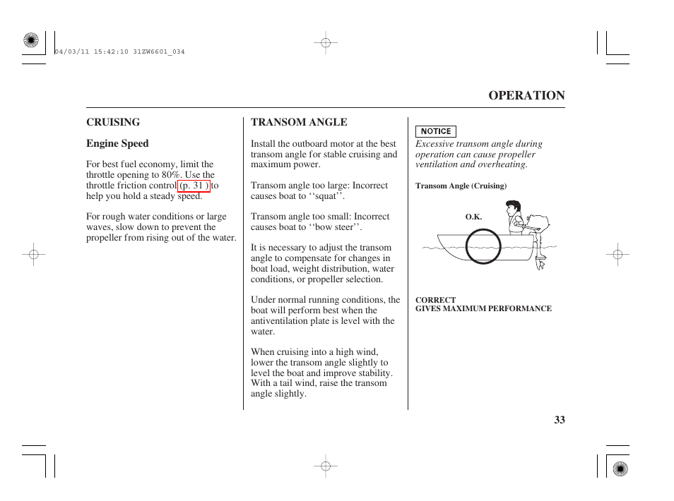 Cruising, Transom angle | HONDA Outboard Motor BF2D User Manual | Page 35 / 83