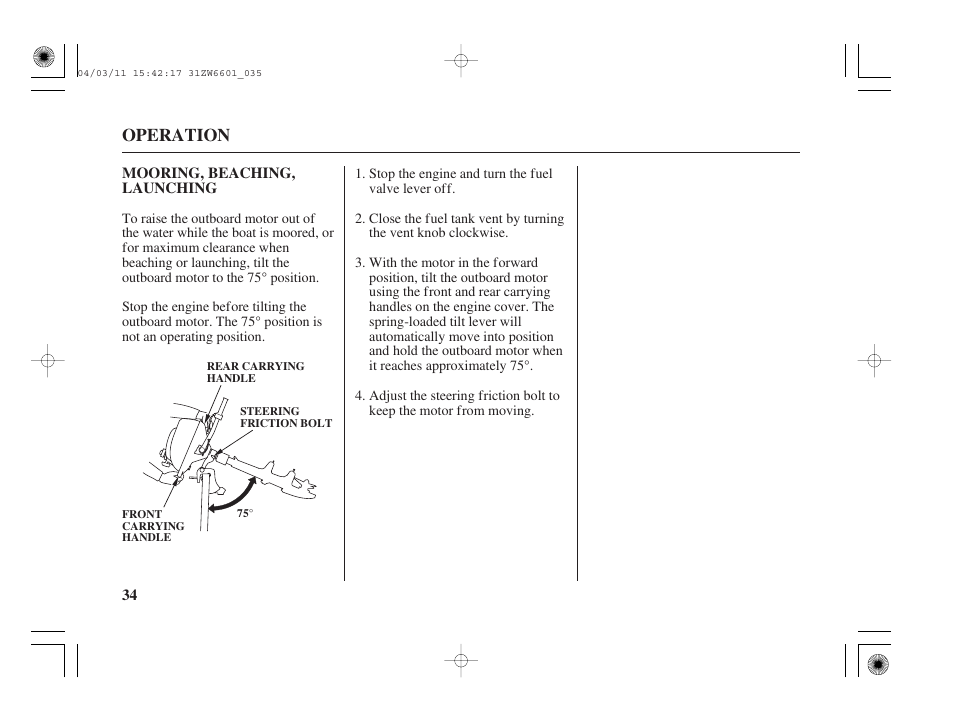Mooring, beaching, launching, Operation | HONDA Outboard Motor BF2D User Manual | Page 36 / 83