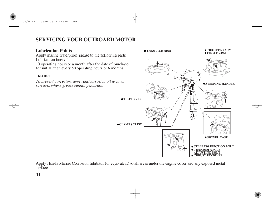 Lubrication points, Servicing your outboard motor | HONDA Outboard Motor BF2D User Manual | Page 46 / 83