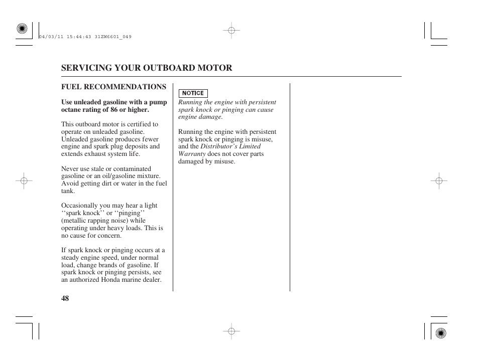 Fuel recommendations | HONDA Outboard Motor BF2D User Manual | Page 50 / 83