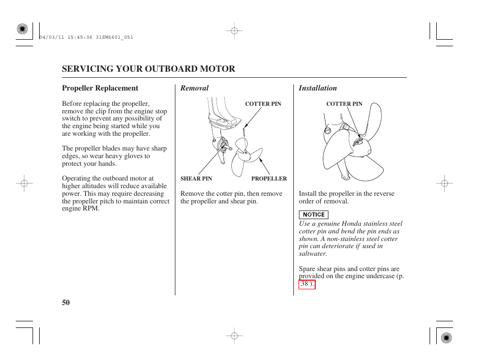 Propeller replacement, Servicing your outboard motor | HONDA Outboard Motor BF2D User Manual | Page 52 / 83