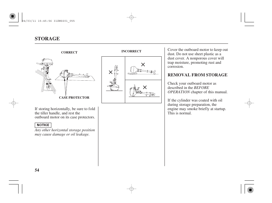 Removal from storage, Storage | HONDA Outboard Motor BF2D User Manual | Page 56 / 83