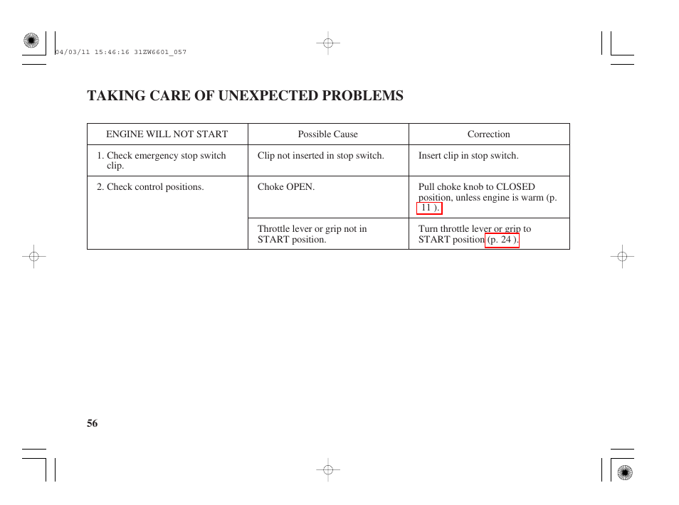 Taking care of unexpected problems, Engine will not start | HONDA Outboard Motor BF2D User Manual | Page 58 / 83